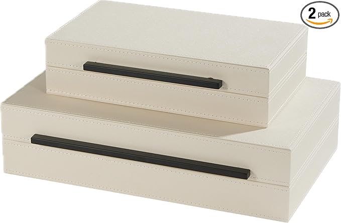 Set of 2 White Faux Leather Decorative Boxes With Black Metal Handles，Faux Leather Jewelry Boxes Storgage Boxes Organizer Box For All Occasions White Home Decor (Peal White- Black, 2pack)