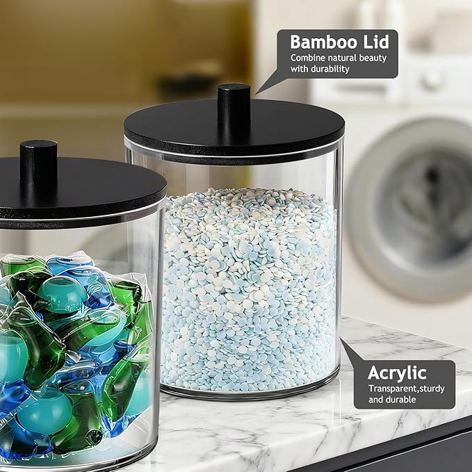 SheeChung 4 Pack 50oz Matte Black Bamboo Lid Apothecary Jar, Modern Laundry Pods Container, Industrial Organization & Storage Jar, Shatterproof Plastic Canister for Scent Beads with Stickers & Spoon