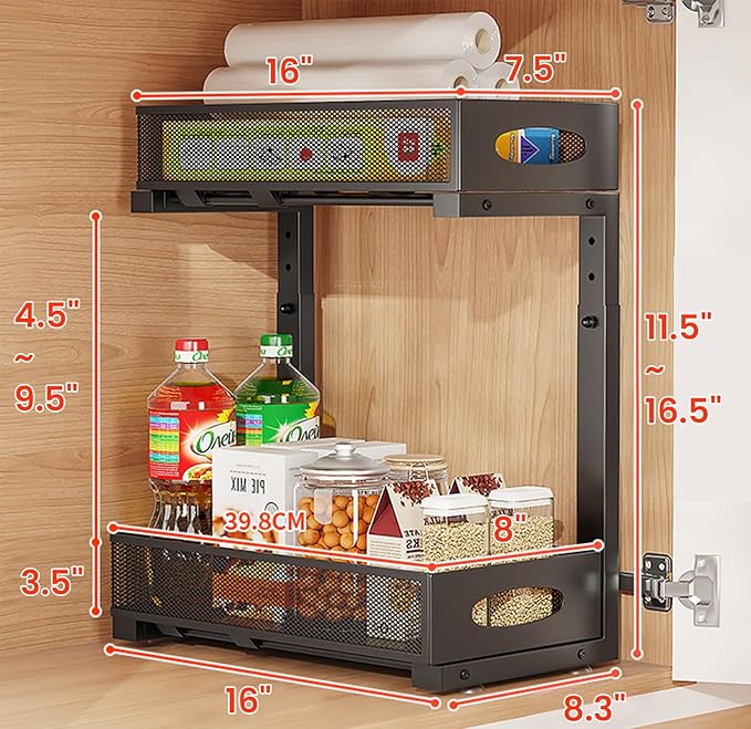 2Pack Under Sink Organizer 2 Tier Kitchen Spice racks and Storage – Pull Out Cabinet Organizer for Cleaning Products, Pantry Organization(White)