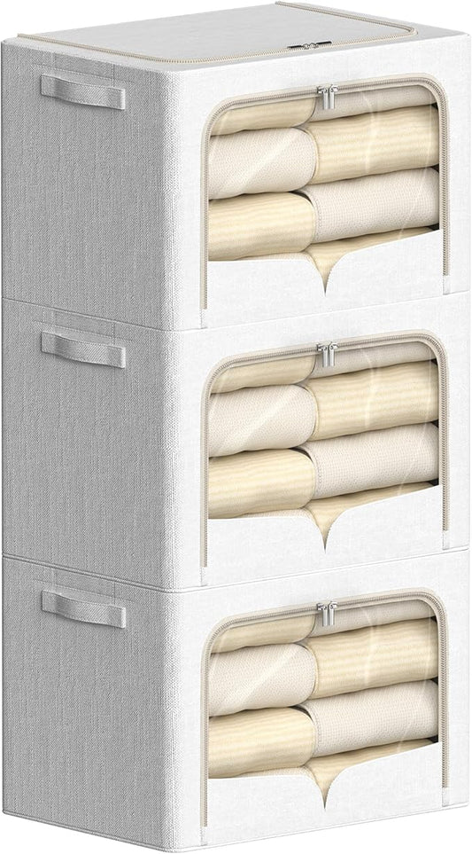 FHSQX 3 Pack Clothes Storage Bins - Foldable Metal Frame Storage Box - Stackable Linen Fabric Container Organizer Set with Carrying Handles and Clear Window (Cream White, 19.7x15.7x13inch(66L))