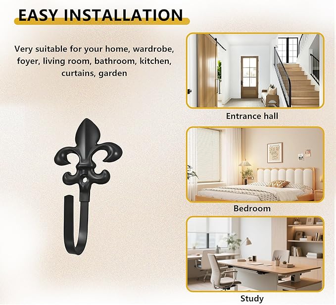 Decorative Wall Hooks for Hanging Things, Vintage Fleur De Lis Metal Coat Hooks, Heavy Duty Black Rustic Hooks for Key, Jewelry, Curtain Tie Backs, Towel, Hat, Small Decorative Hardware 4 Pack