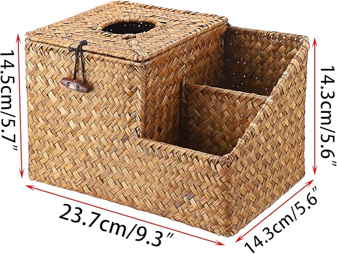 Sumnacon Square Woven Tissue Box Cover - Decorative Cube Tissue Box Holder with Side Organizer, Rustic Seagrass Tissue Box for Living Room Vanity Night Stand Table Countertop Office,Caramel