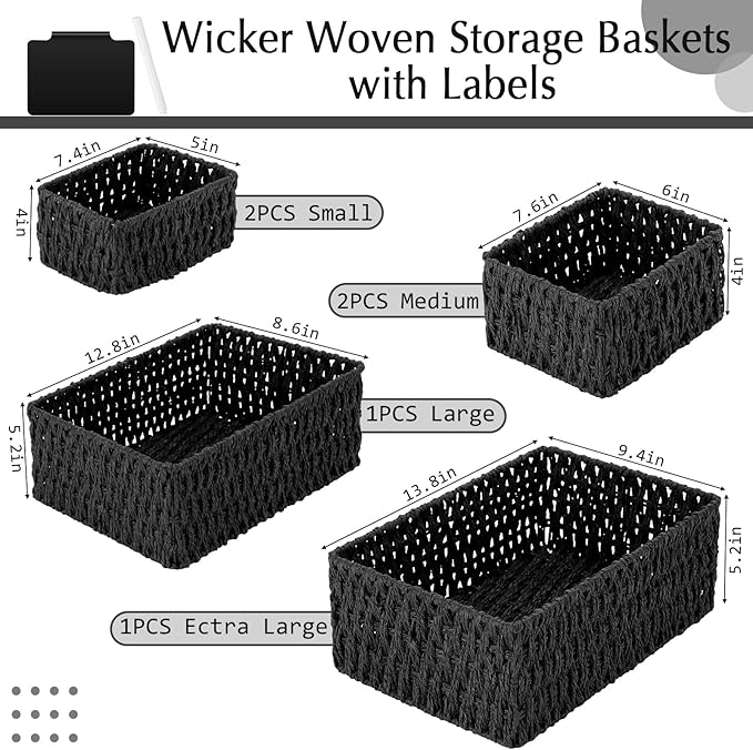 Marsui 6 Pcs Wicker Storage Baskets with Labels Handwoven Paper Rope Multi-size Black Wicker Storage Bins for Organizing Small Baskets Container for Shelves Closet Pantry Toilet