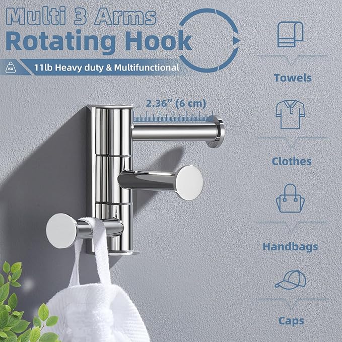 APLusee Triple Swivel Coat Hook, 304 Stainless Steel Polished Chrome Towel Hook for Bathroom with Multi 3 Arms, Wall Mounted