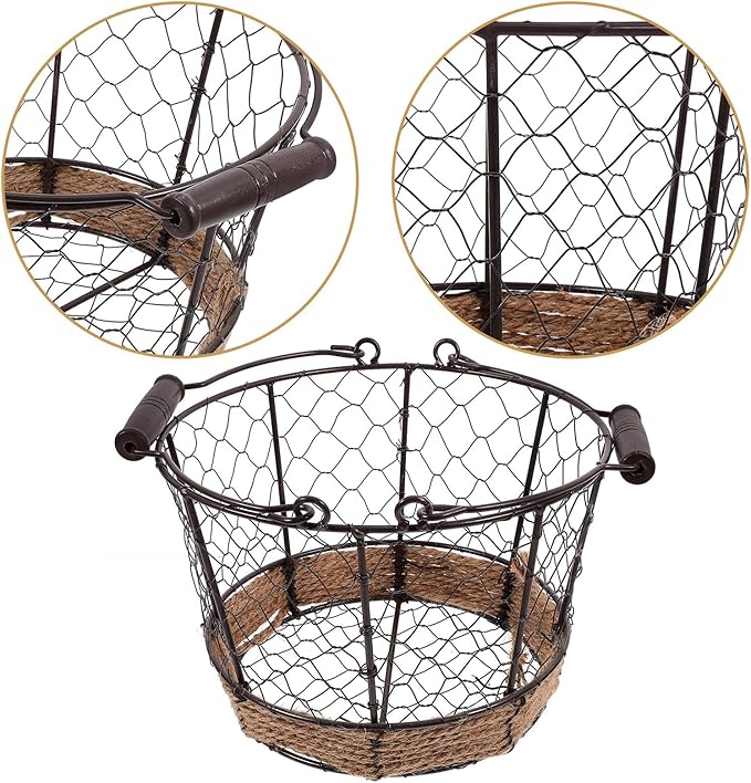Iron Wire Basket with Handle Small round Metal Storage Basket Multifunctional Wire Sundry Organizer for Home Kitchen Fruit and Vegetable Storage