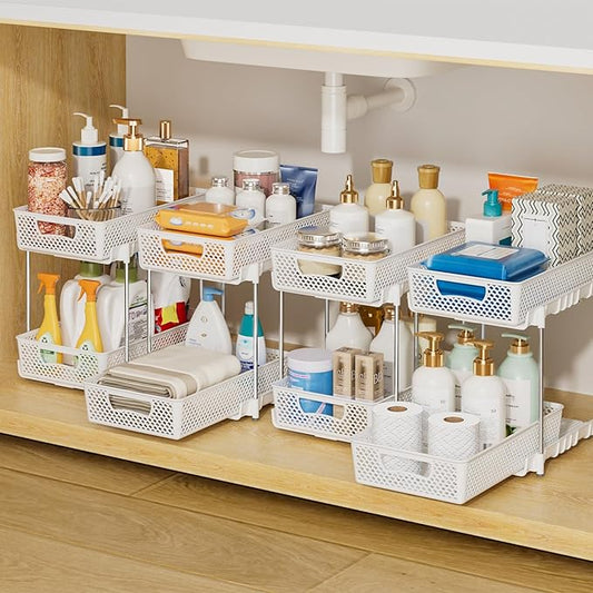4 Pack Pull Out Bathroom Organizers and Storage, 2 Tier Stackable Under Sink Storage Organizer for Bathroom, Kitchen Cabinet, Pantry, and Medicine Holder, Organization and Storage - White