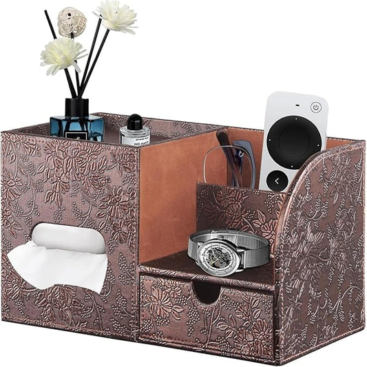 Fanousy Square Tissue Box Cover with Drawer Storage and Tray on Top, PU Leather Tissues Cube Boxes Holder, Modern Nightstand Organizer Caddy, Remote Control Holder for Bathroom, Bedside, Office, Home