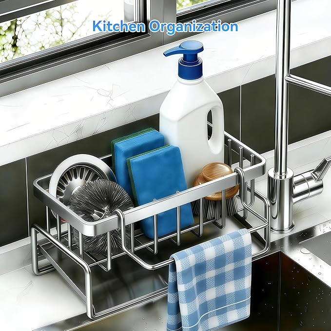 Sponge Holder for Kitchen, Sink Caddy Organizer Rack for Kitchen Accessories, Soap Dispenser Countertop Organizer Essentials for Home (Grey)