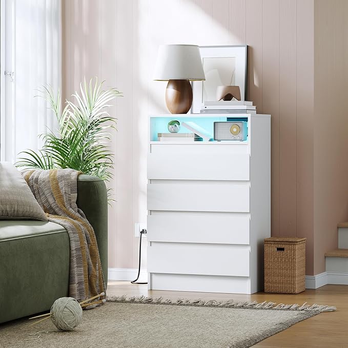 4 Drawer Dresser with Charging Station and LED Lights, Modern Chest of Drawers with Power Outlet, Organizer Cabinet for Bedroom, Living Room, Entryway, White