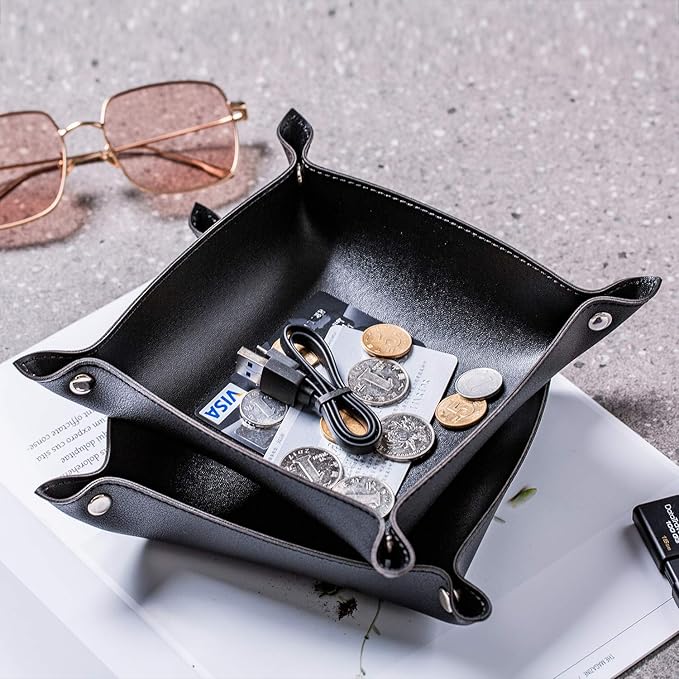 SANQIANWAN Leather Jewelry Valet Tray for Women and Man, Portable Entryway Table Tray Bedside Nightstand Desk Tray Small Catchall Travel Dish Plate for Key,Wallet,Watch,Coin (Black-B)