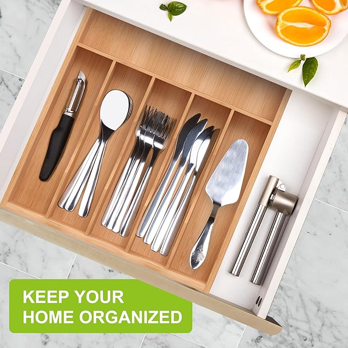 Bamboo Utensil Drawer Organizer, Silverware Tray Organizer, Kitchen Drawer Organizer for Flatware Cutlery, Silverware Tray for Drawer (Natural, Large 16.5x12.3 Inch)