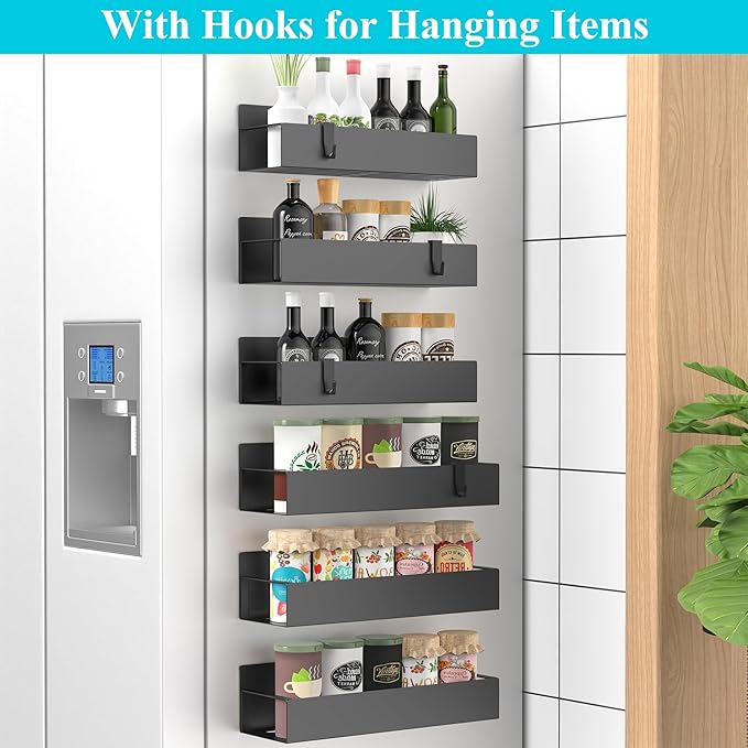 6 Pack Magnetic Spice Storage Rack Organizer for Refrigerator and Oven, Matt Black Fridge Organizers and Storage