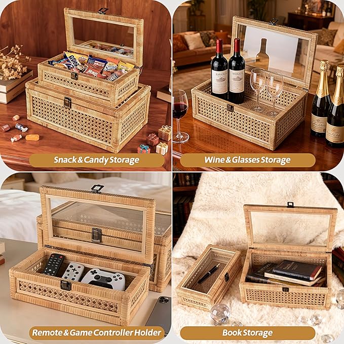 Large Decorative Box Lid Display, Large Keepsake Memory Storage Box, Decorative Box Hinged Lid Woven Rattan Jewelry Box with Glass Boho Vintage Decor Craft Organizer. Rattan