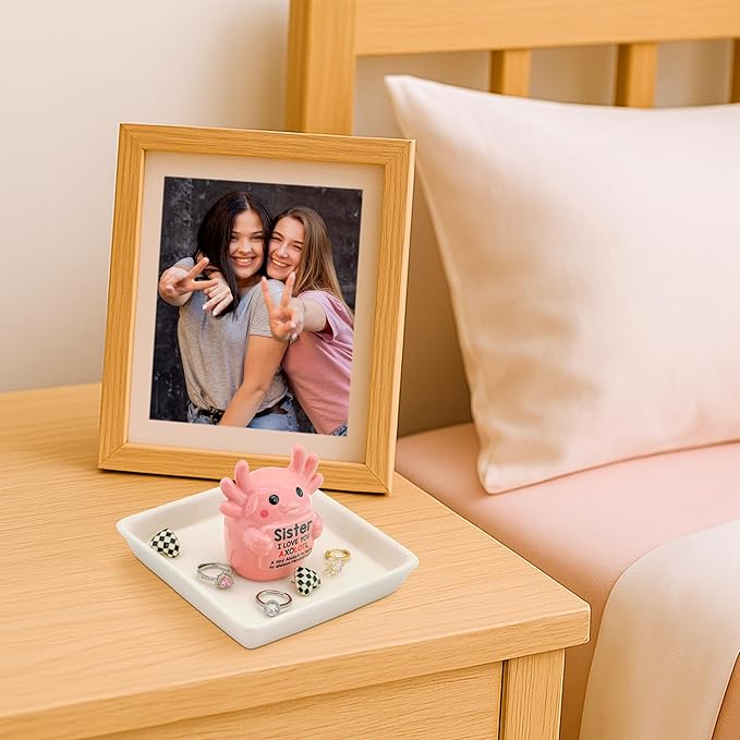 Sister Birthday Gifts for Sister, Axolotl Ring Holder Dish Jewelry Holder for Rings Bracelets Earrings Pink Room Decor Athestic Organiser, Mother's Day Birthday Wedding Valentine's Gifts for Women