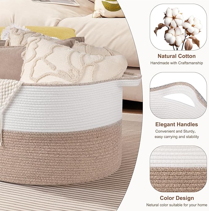 XXL Large Blanket Basket with Handles, 105L Woven Storage Basket for Living Room, Cotton Rope Baby Toy Storage for Clothes, Pillows, Towels-Brown & White