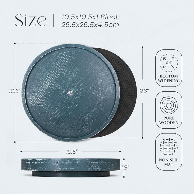 Pine Wood Non-Skid Lazy Susan Organizer Turntable for Bathroom Tray â 10.5" Lazy Susan Turntable for Cabinet, Kitchen Decor & Coffee Table with Rubber Mat - Ideal Coffee Bar Accessories (Blue)