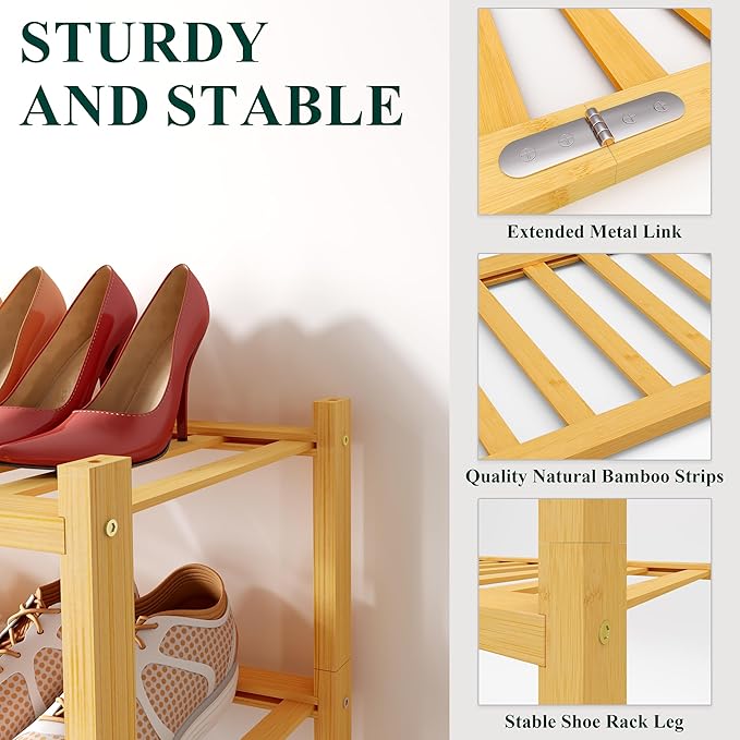 Smiry Shoe Rack, 5 Tier Bamboo Shoe Organizer, Stackable Free Standing Wooden Shoe Storage Shelf for Closet, Entryway, Front Door Entrance, Natural Bamboo