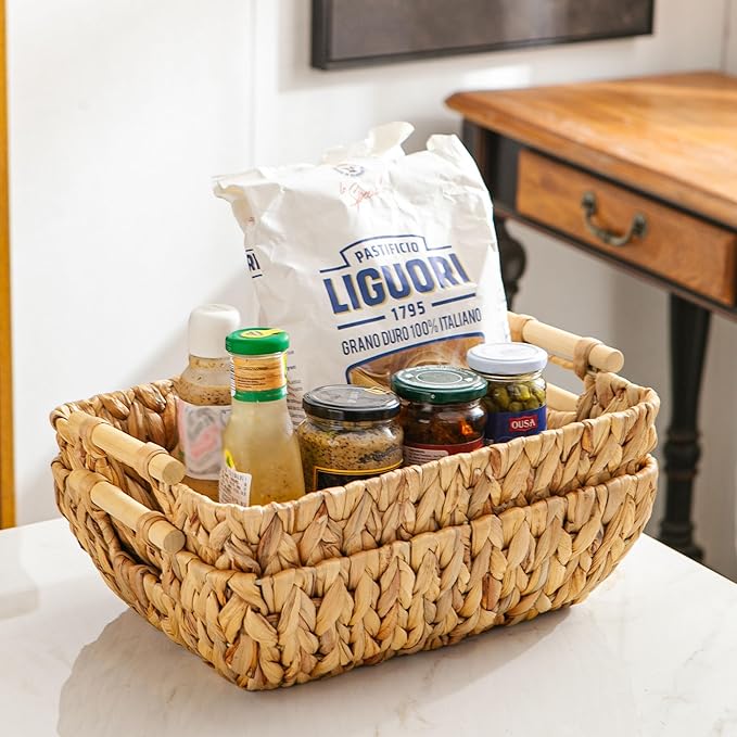 Woven Storage Baskets â Set of 2 Handwoven Water Hyacinth Wicker Baskets with Wooden Handles for Organizing, Decorative Baskets for Laundry Room, Home Decor - 2 Medium