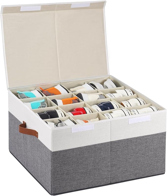 Shoe Storage Box for Closet Fits 16 Pairs, Large Shoe Organizer Box Bin Containers with Lid and Adjustable Dividers for Sandals, High Heels, Sneakers (Grey and White)