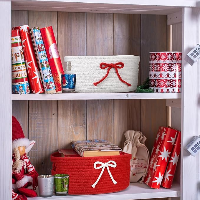 Breling 3 Pieces Valentine's Day Gift Basket Coquette Bow Laundry Hamper Cotton Rope Storage Woven Rope Bin with Handles for Decoration Organization Storage for Nursery, Pet Toy Basket(Red, White)
