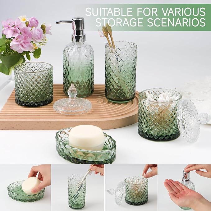 5Pcs Glass Bathroom Accessories Set,Green Vintage Bathroom Accessory Set, Bathroom Counter Sink Toothbrush Holder Set Includes Hand/Lotion Soap Dispenser & Tumbler & Soap Dish & Qtip Holders