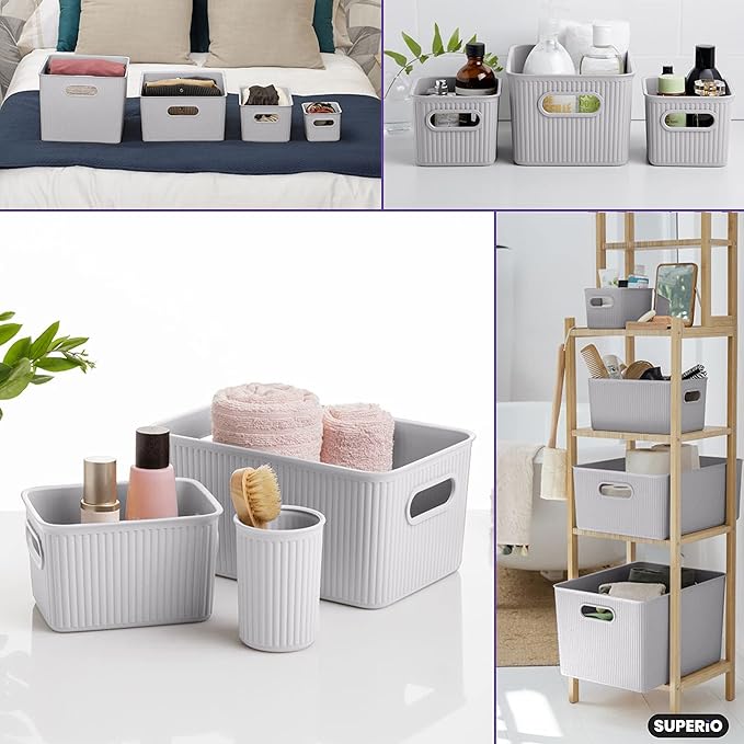 Superio Ribbed Collection - Decorative Plastic Basket Open Home Storage Bins Organizer, Small White Smoke (4 Pack) Container Boxes for Organizing Closet Storage Bins for Shelves 1.5 Liter