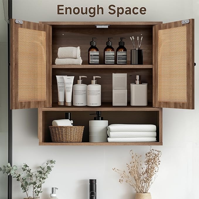 Wall Mounted Cabinet with Rattan Double Doors, 3-Tier Storage for Bathroom Over Toilet, Floating Shelf for Towels & Decor, Boho Medicine Cabinet for Kitchen, Dining Room, 23.23 x 7.68 x 24 in
