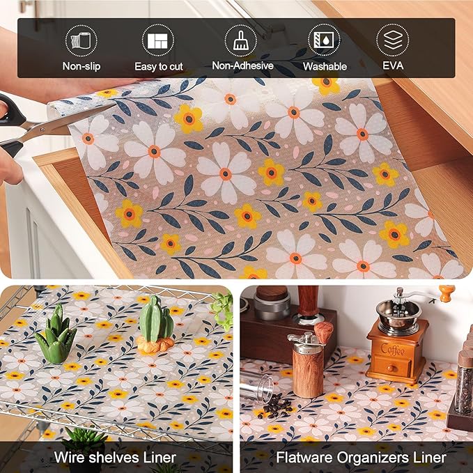 Cooyes Shelf Liner – Premium Non-Adhesive Cabinet & Drawer Liner for Kitchen – Waterproof Shelf Paper with Modern Pattern – Durable EVA Cabinet Mat – Easy to Cut （17.5" W x 120" L）
