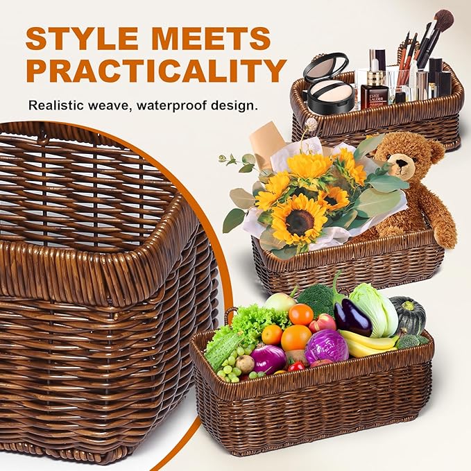 2 Pack Woven Storage Basket,Organizer Trays, Paper Box,Vintage Bin for Bathroom, Kitchen,Vanity Countertop Table Shelf, Open Storage Bins for Living Room, Bedroom, Balcony, Garden (Brown, ‎2 pc (S+M))