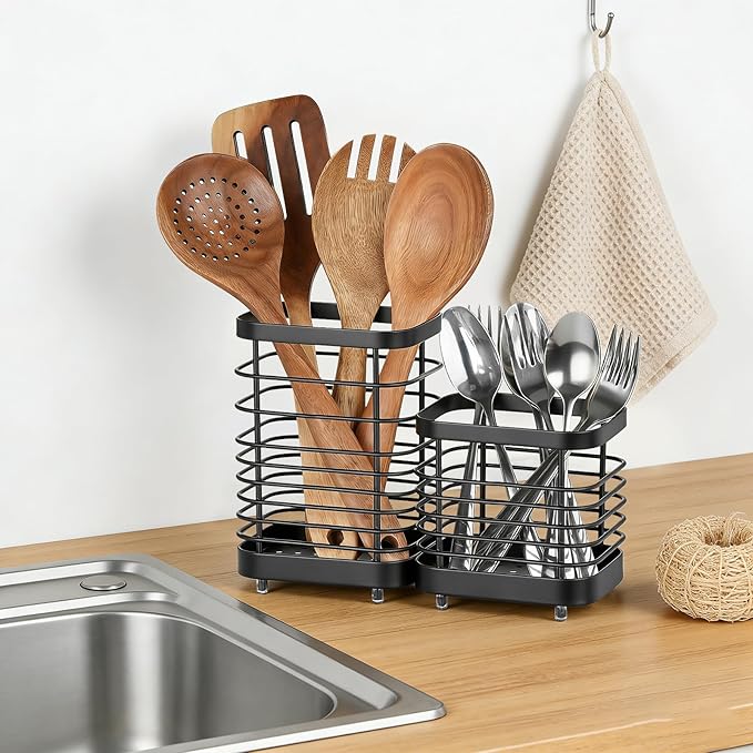 Utensil Holder, Stainless Steel Utensil Drying Rack for Kitchen Counter, Silverware Cutlery Flatware Holder Forks, Knives, Spoons, Chopsticks Organizer (Black, Tall & Short)