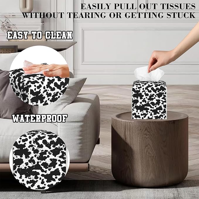 Tissue Box Cover Cow Print Leather Tissue Box Holder Cube Paper Case Cover Facial Paper Organizer Dispenser for Bathroom, Vanity Countertop, Office Desk