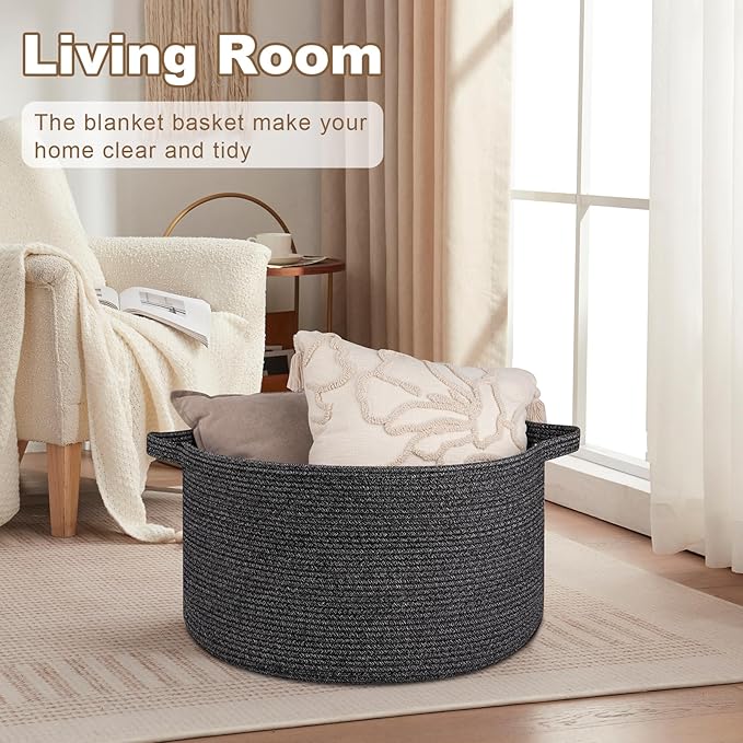 Large Woven Baskets for Storage, 22.8" x 22.8" x 13" Blanket Storage Living Room, Baby Toy Basket for Clothes, Pillows, Towels, Shoe Basket for Entryway (Black)