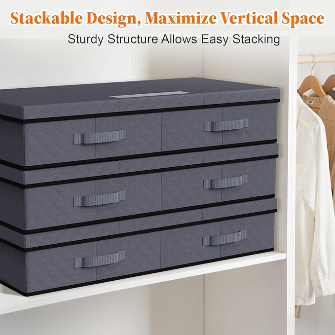 Under Bed Storage Containers with Lids - 3 Pack, Foldable and Stackable Clothes Storage Bags with Clear Window, 3-Sided Handles and Label Slot for Clothing, Blankets, Pillows (Grey)