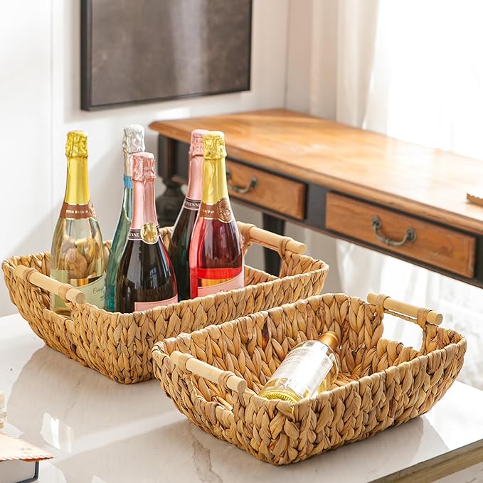 Woven Storage Baskets â Set of 2 Handwoven Water Hyacinth Wicker Baskets with Wooden Handles for Organizing, Decorative Baskets for Laundry Room, Home Decor - Large & Medium