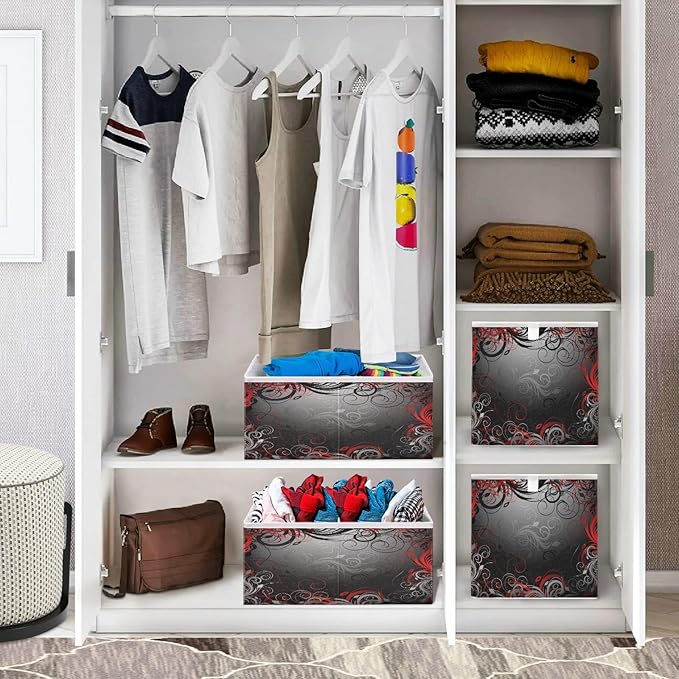 Blueangle Black Red Floral Cube Storage Bin, 11 x 11 x 11 in, Large Collapsible Organizer Storage Basket for Home Décor
