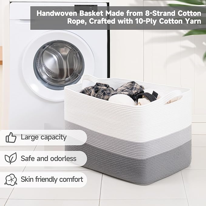 CLHMILY&Z Stylish Square Cotton Rope Storage Basket (Grey & White, 110L)