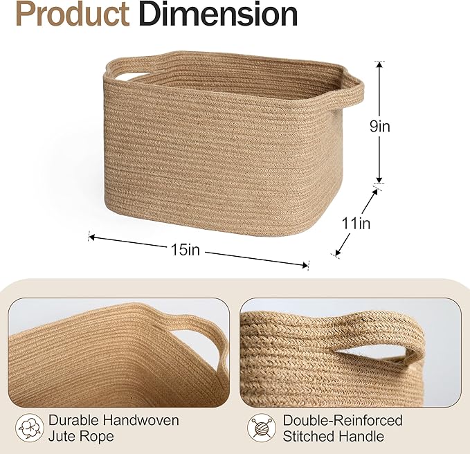 Wicker Basket for Storage, 15"x11"x9" Woven Basket with Handle, Rectangular Cute Storage Bin for Books, Shoes, Clothes, Towels, Decorative Gift Bin Empty, Stuffed Animal Organizer, Home Decor