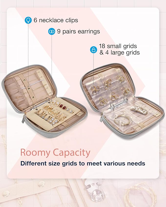 BAGSMART Jewelry Travel Organizer Case for Home Jewelry Organizer Storage Ring Binder Clear Bags Zipper Rolls Pouch for Necklaces, Earrings, Rings, Bracelets, Grey
