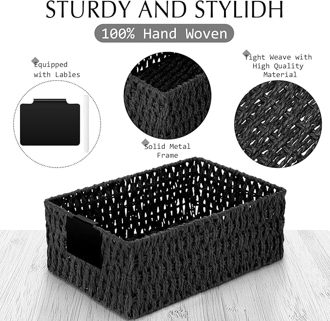 Marsui 6 Pcs Wicker Storage Baskets with Labels Handwoven Paper Rope Multi-size Black Wicker Storage Bins for Organizing Small Baskets Container for Shelves Closet Pantry Toilet