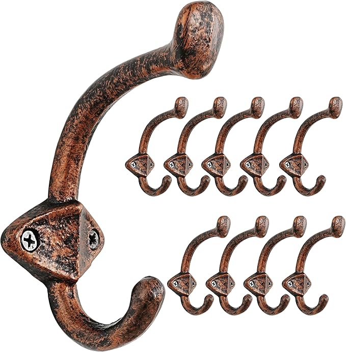 Dseap Cast Iron Wall Hooks L=5”, Heavy Duty Coat Hooks, Rustic Vintage Farmhouse Hook for Hanging Winter Coats Jackets Towels Hats Bags Plants, Antique Copper, Pack of 10 (ShieldBold)