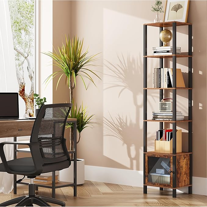 TUTOTAK 6 Tier Bookcase and Bookshelf, Narrow Book Shelf with Door for Small Space, for Living Room, Office, Study, Entryway, Brown BS03BB006
