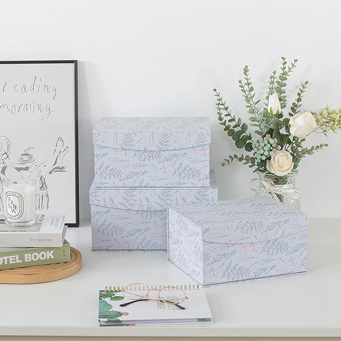 Soul & Lane Decorative Storage Boxes with Magnetic Closure, Set of 3 Memory Keepsake Boxes with Lids, Cardboard Storage for Gifts, Organizing, and Home Décor, Cottage Sprig