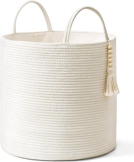 Mkono Tall Laundry Basket Woven Decorative Rope Storage Basket Wooden Bead Decoration for Blankets Toys Clothes Shoes Organizer Bin with Handles Living Room Home Decor, 15" W x 17.7" L, White