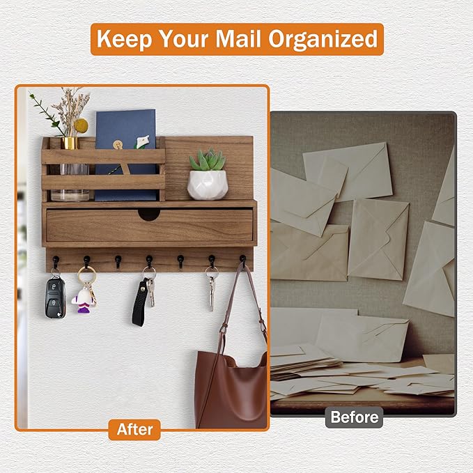 Key and Mail Holder for Wall, Mail Organizer Wall Mount with 6 Hooks and Storage Drawer, Wooden Key Rack Hanger with Shelf for Entryway and Home Decor