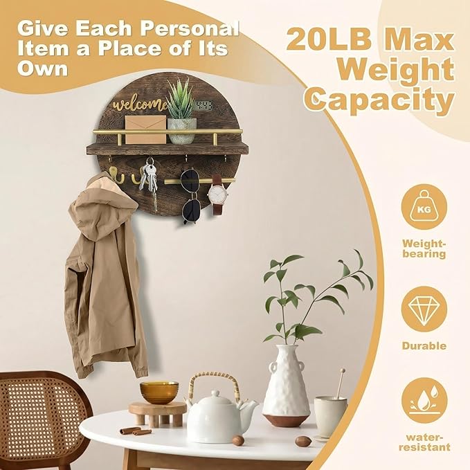 Key Holder for Wall, Key and Mail Holder Organizer with - Key Holder Wall Mount - Round Wooden Rustic Home Decor for Entryway, Mudroom, Hallway, Kitchen Office (Brown&Gold)