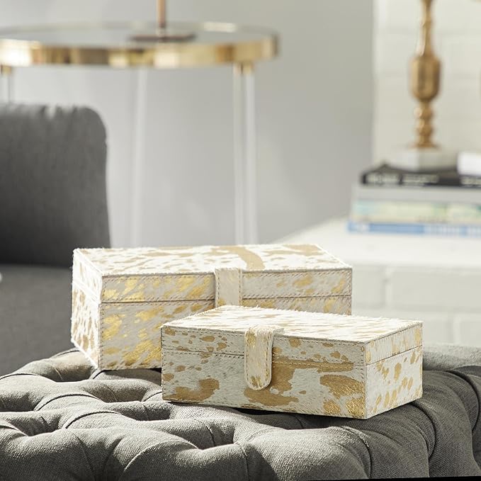 Deco 79 Leather Handmade Decorative Box Decorative Keepsake Boxes with Gold Foil Paint, Set of 2 Storage Boxes 8", 10"W, Gold