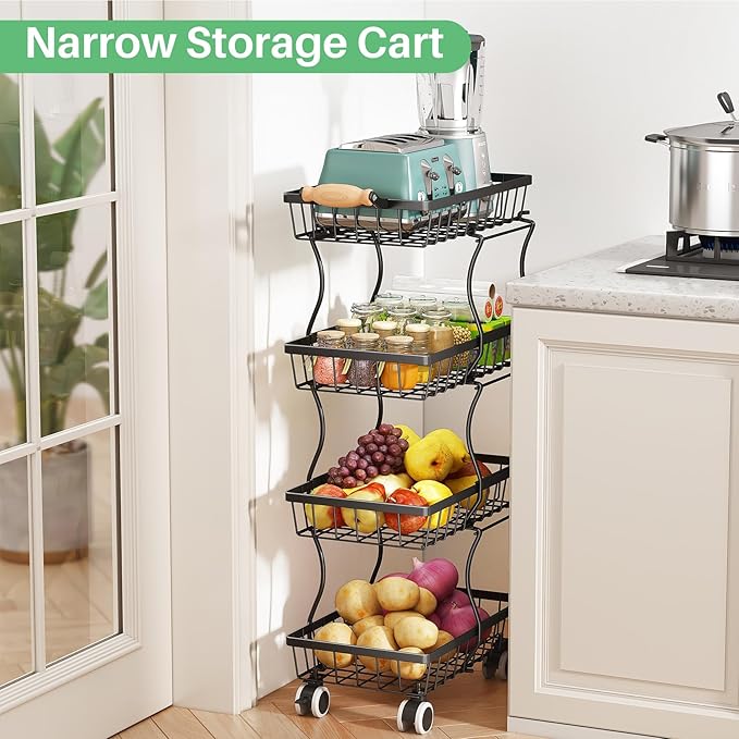 SAYZH Fruit Basket Kitchen Pantry Organizers and Storage - 4 Tier Stackable Metal Wire Basket Stand for Fruit Vegetable Snacks Jars Bins Containers Organization, Black