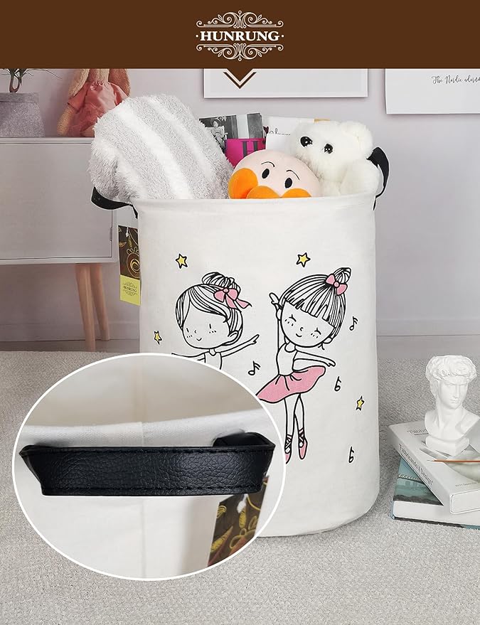 HUNRUNG Laundry Hamper,Large Canvas Fabric Lightweight Storage Basket Toy Organizer Dirty Clothes Collapsible Waterproof for College Dorms, Children Bedroom,Bathroomï¼Round-Dancing girlï¼