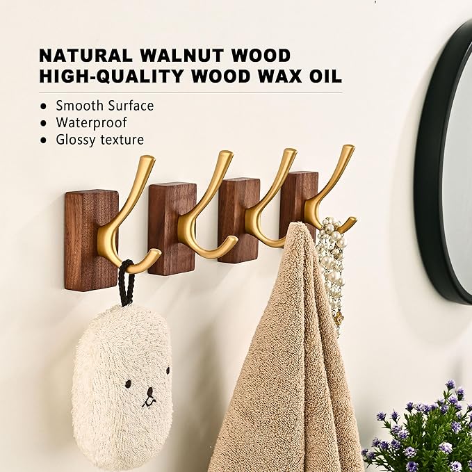 4 Pack Walnut Wood Wall Coat Hooks for Hanging, Adhesive Mounted & Wall Mount Heavy Duty Wooden Double Hook Hanger for Towel Backpack Hat Jacket Clothes Blanket Purse Robe Key Gold Hook