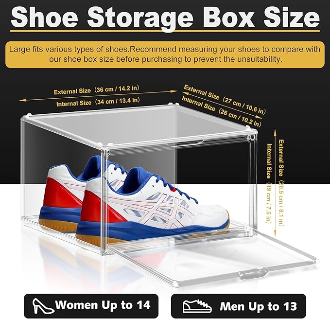 2 Pack Plastic Shoe Storage Boxes Fit US Size 13, Clear Stackable Shoe Display Case with Magnetic Acrylic Door, Shoe Containers for Sneaker Storage, Hats, Figure, Collectible